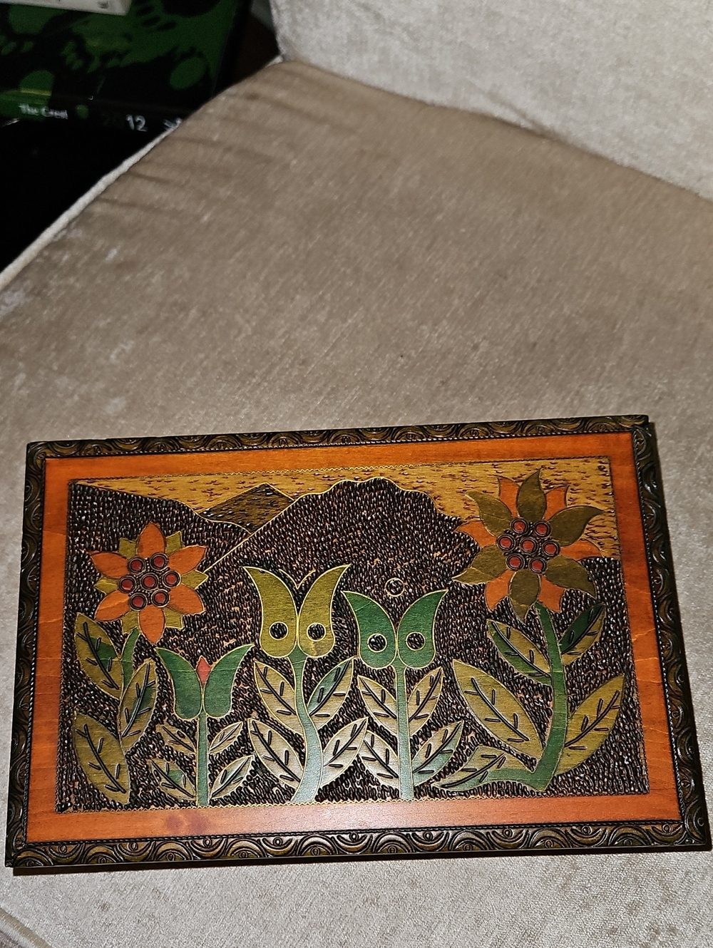 Handpainted Vintage Tulip Floral Wooden Box in Orange and Green